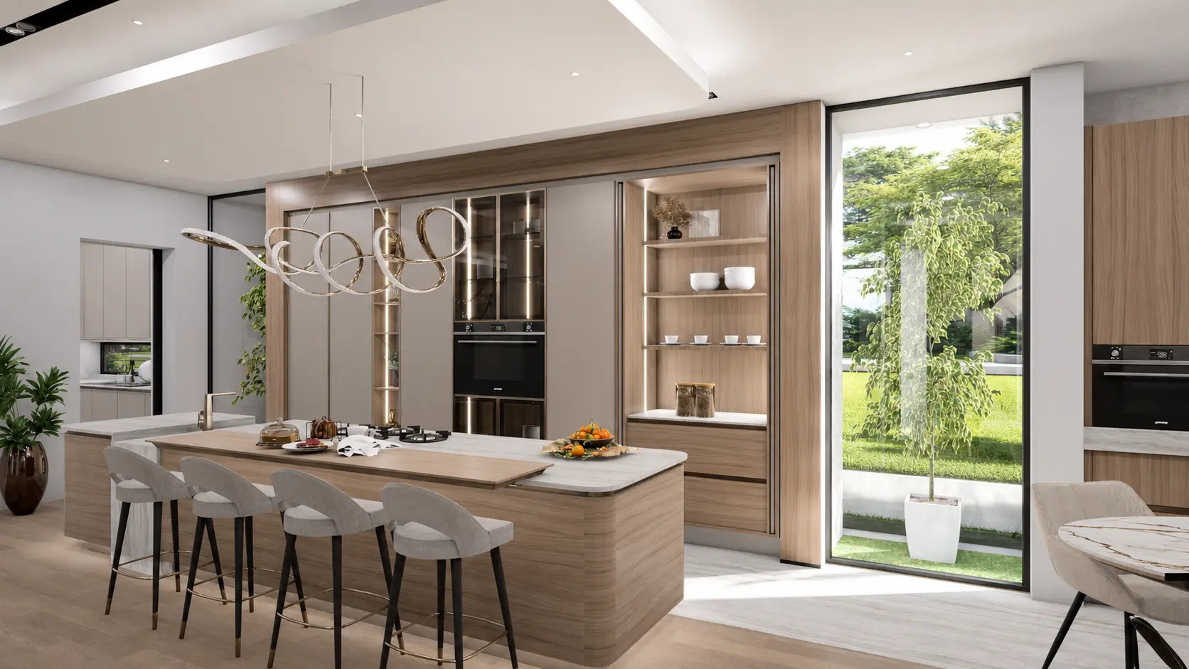 Kitchen — full view of island, tall units and display niche