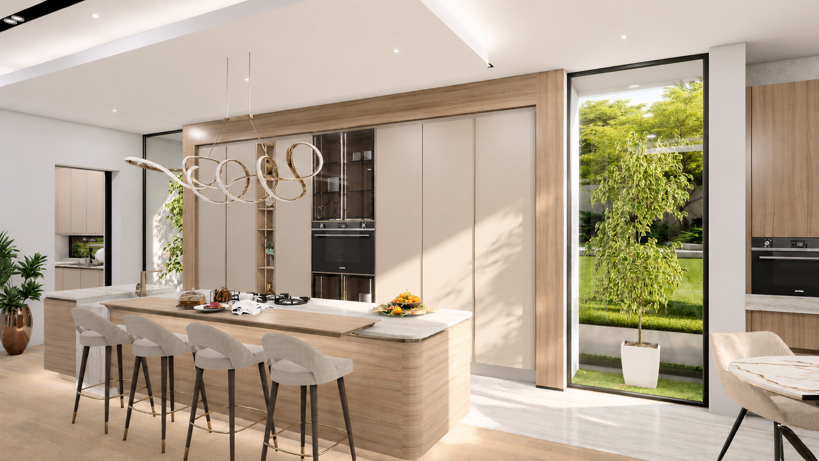 Island — bar seating below the feature pendant