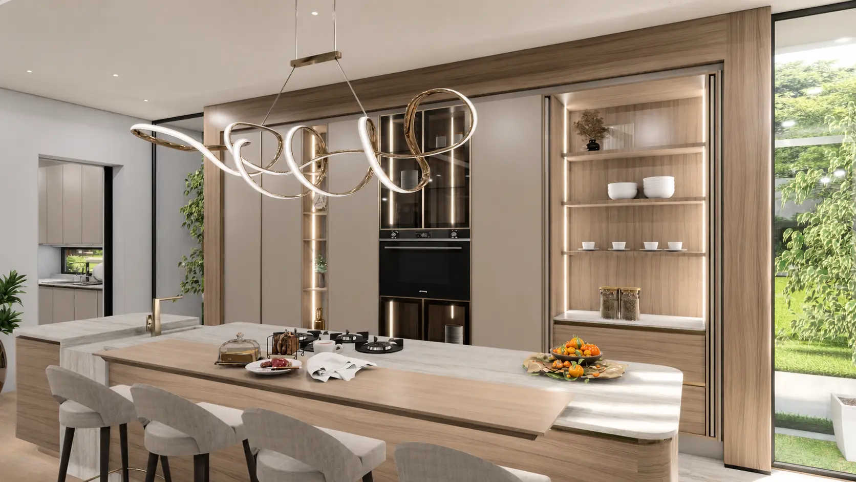 Kitchen — island seating with feature pendant and lit niche