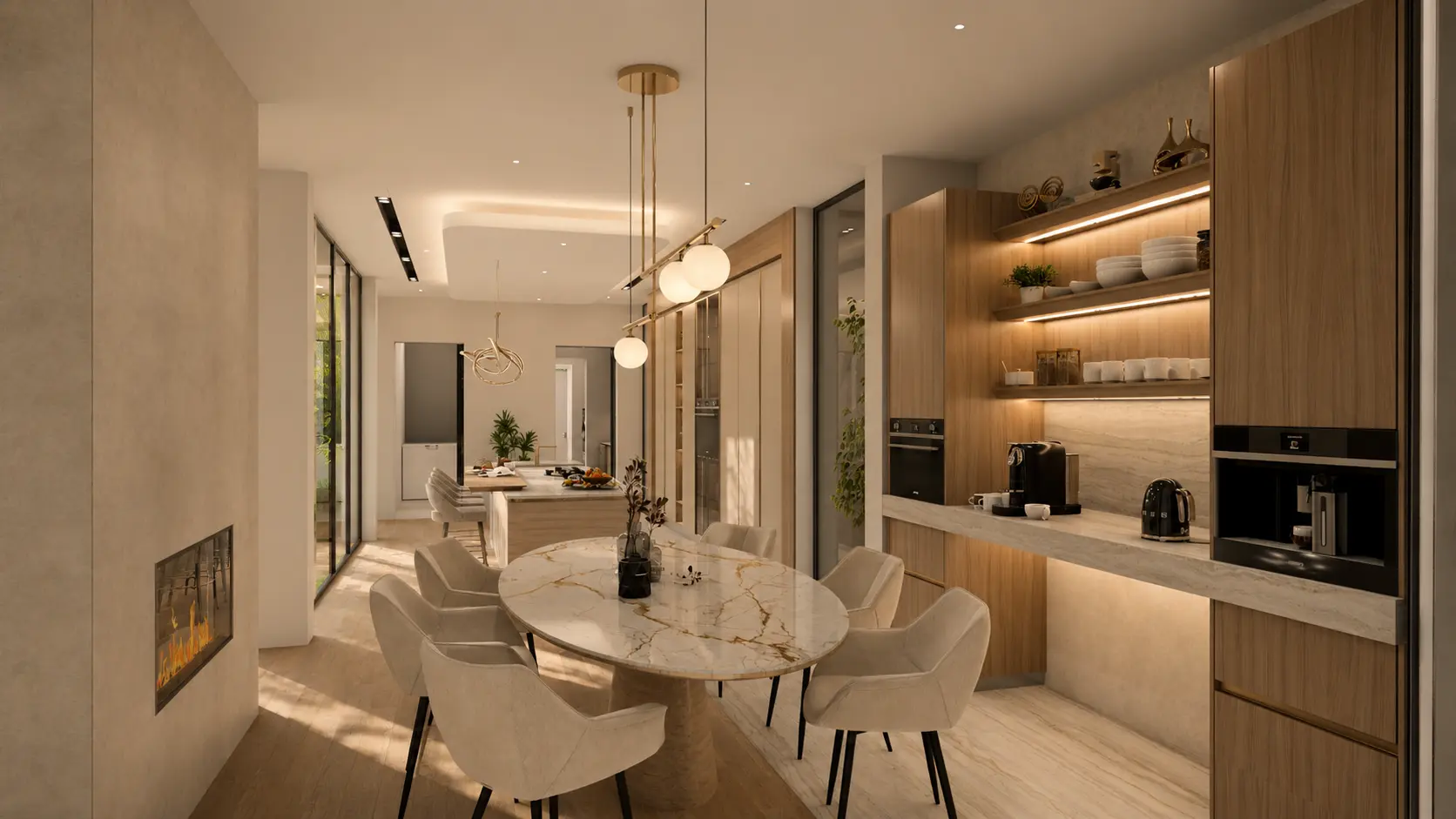 Dining — oval table with fireplace and coffee station