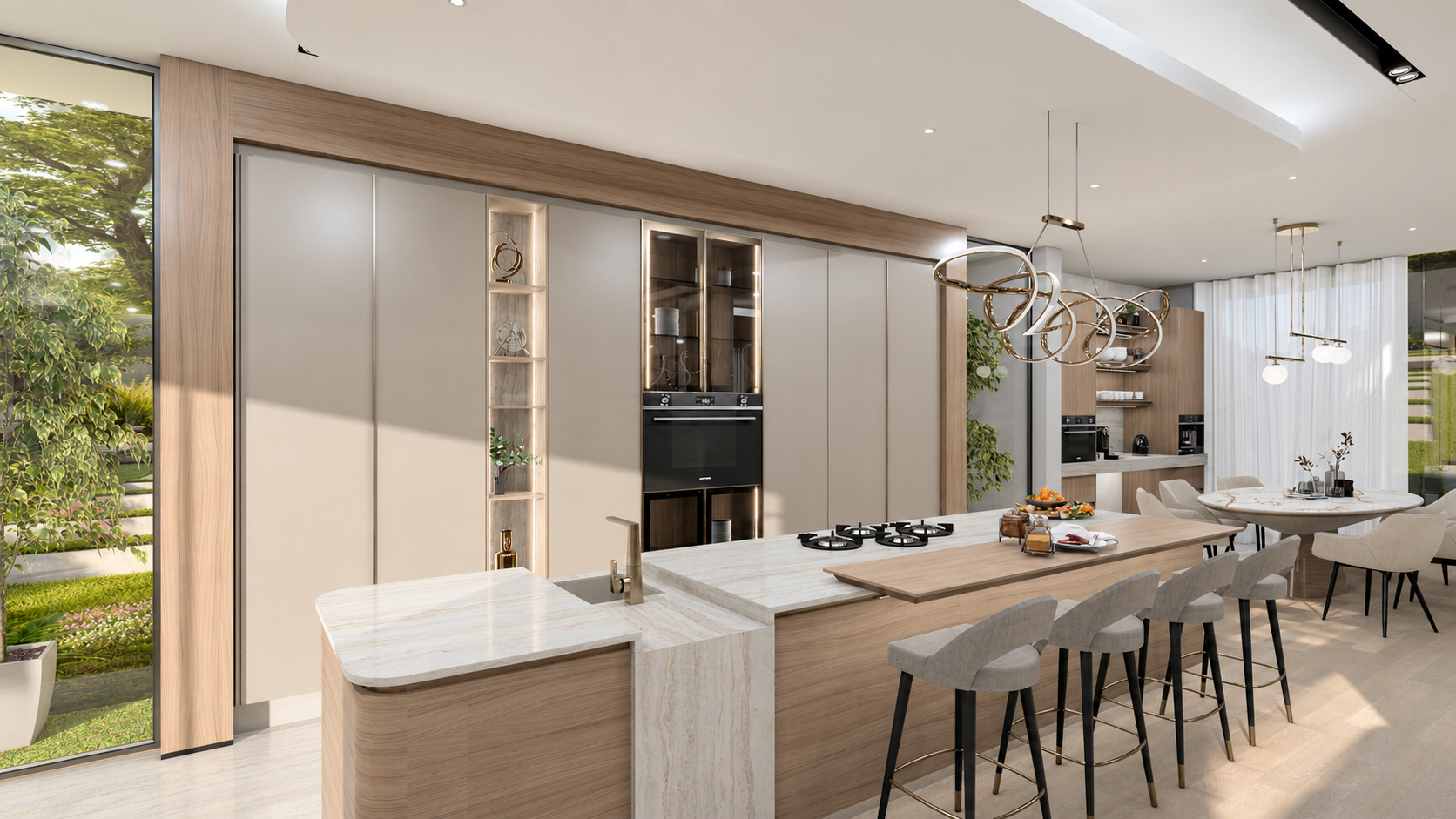 Kitchen — island and seating looking through to dining