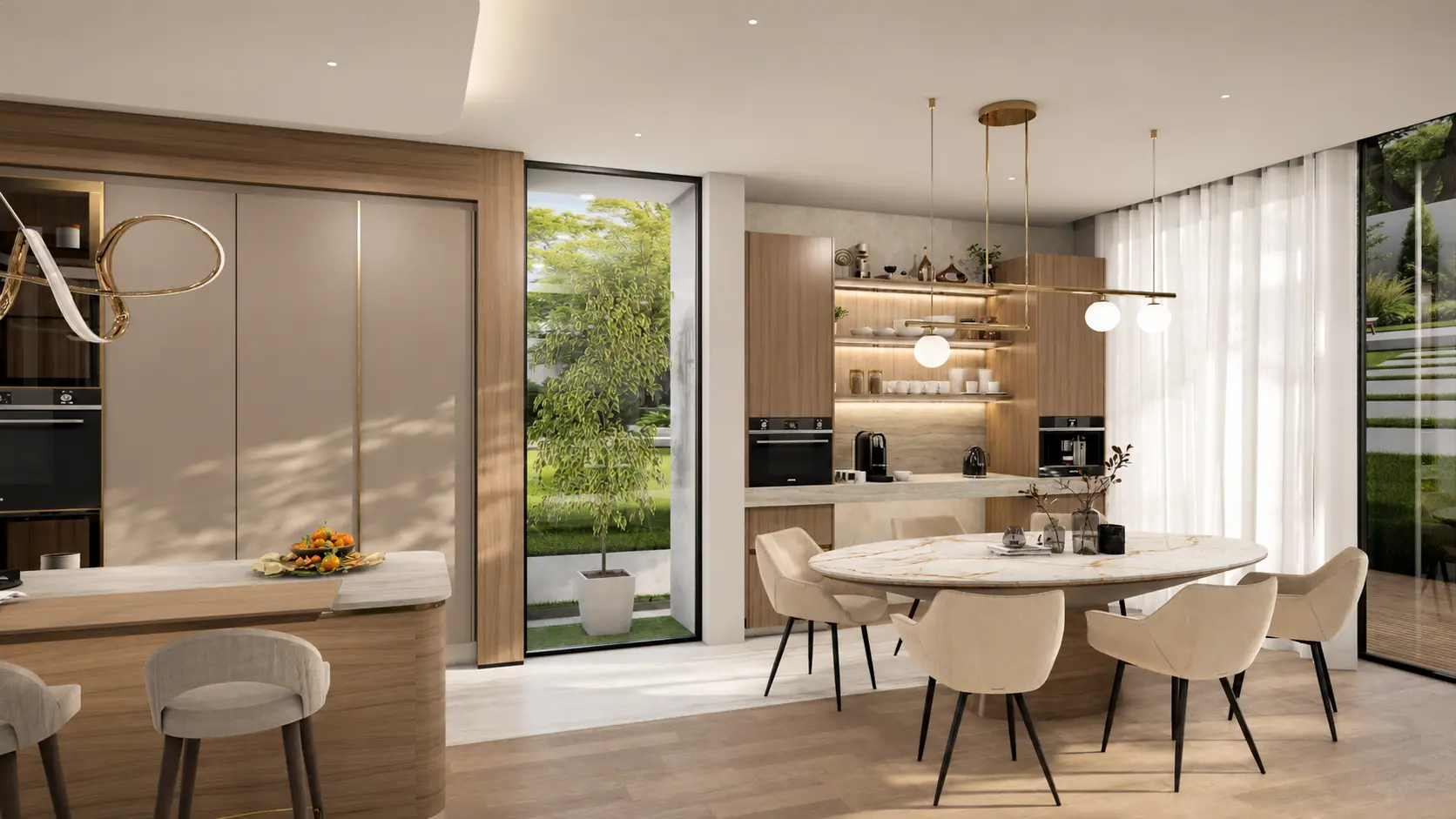 Kitchen and dining — oval table beside the coffee station