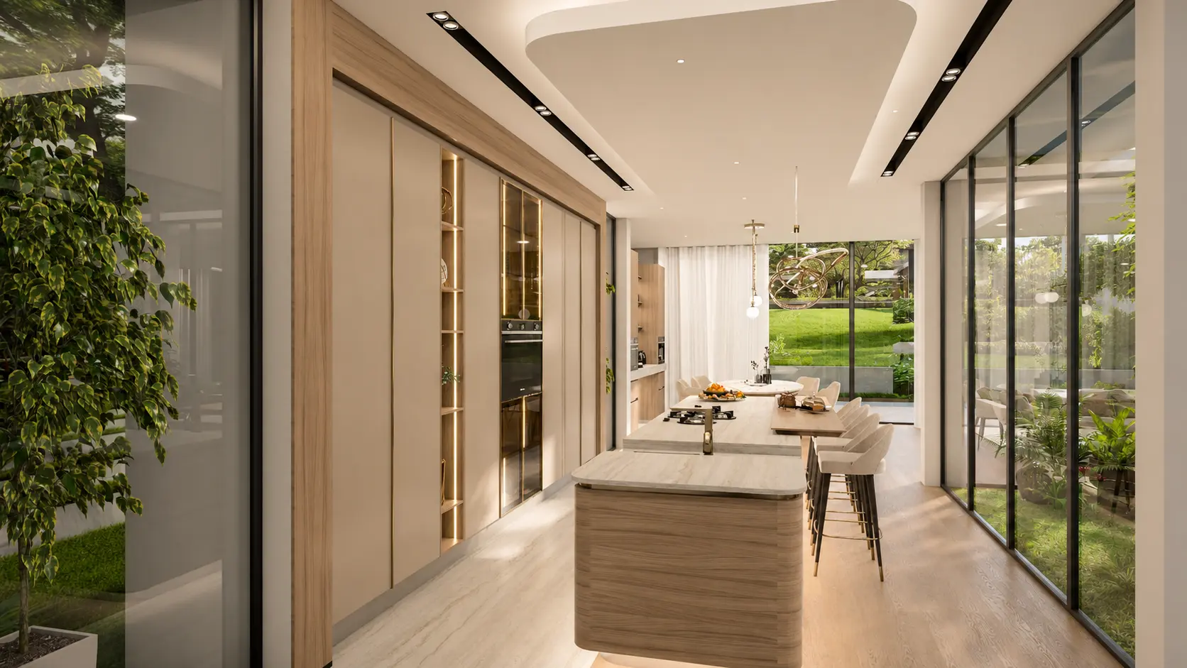 House Varachia kitchen render showing the island, tall cabinetry and garden glazing