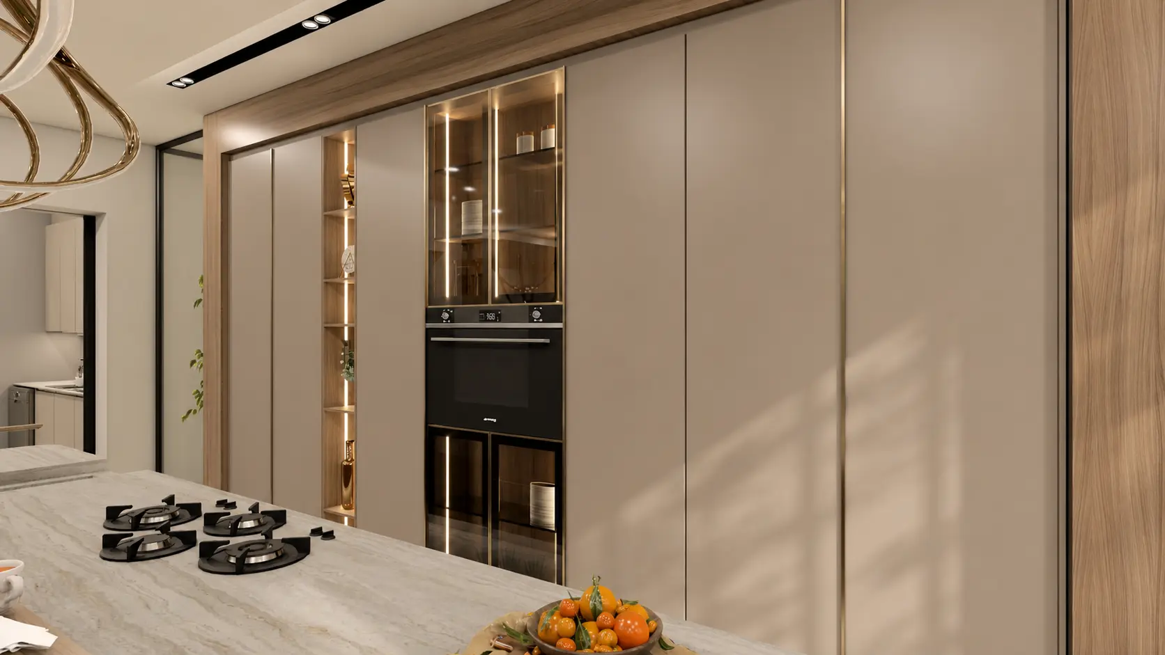 Tall cabinetry — ovens and display units seen from the island