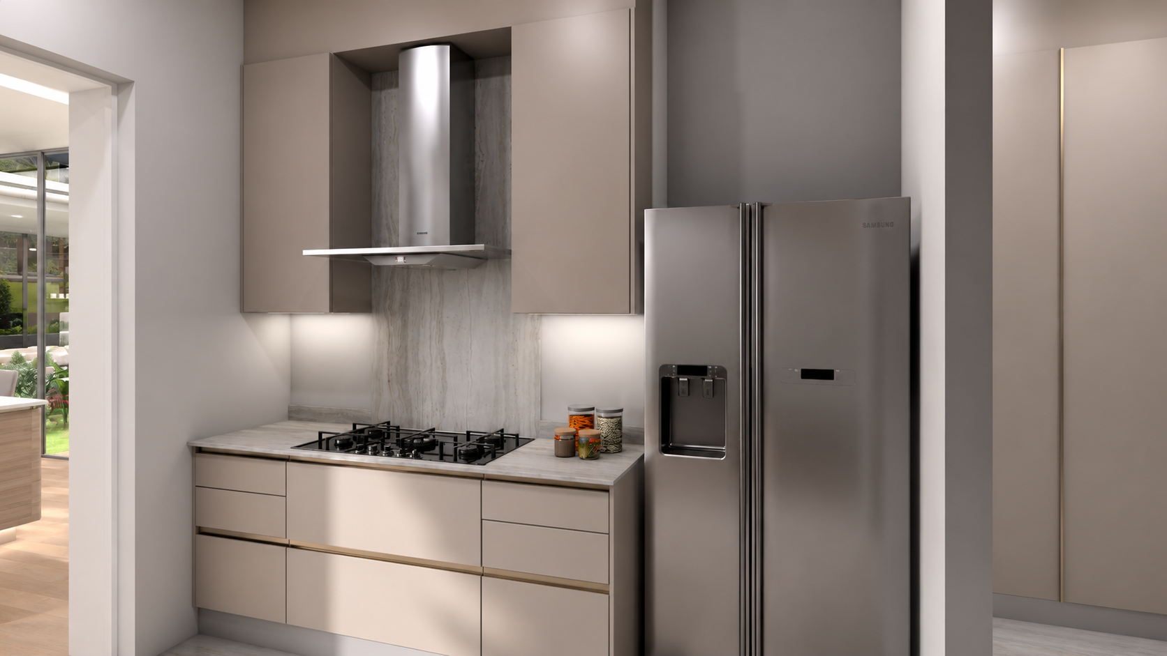 Scullery — hob, extractor and fridge recess