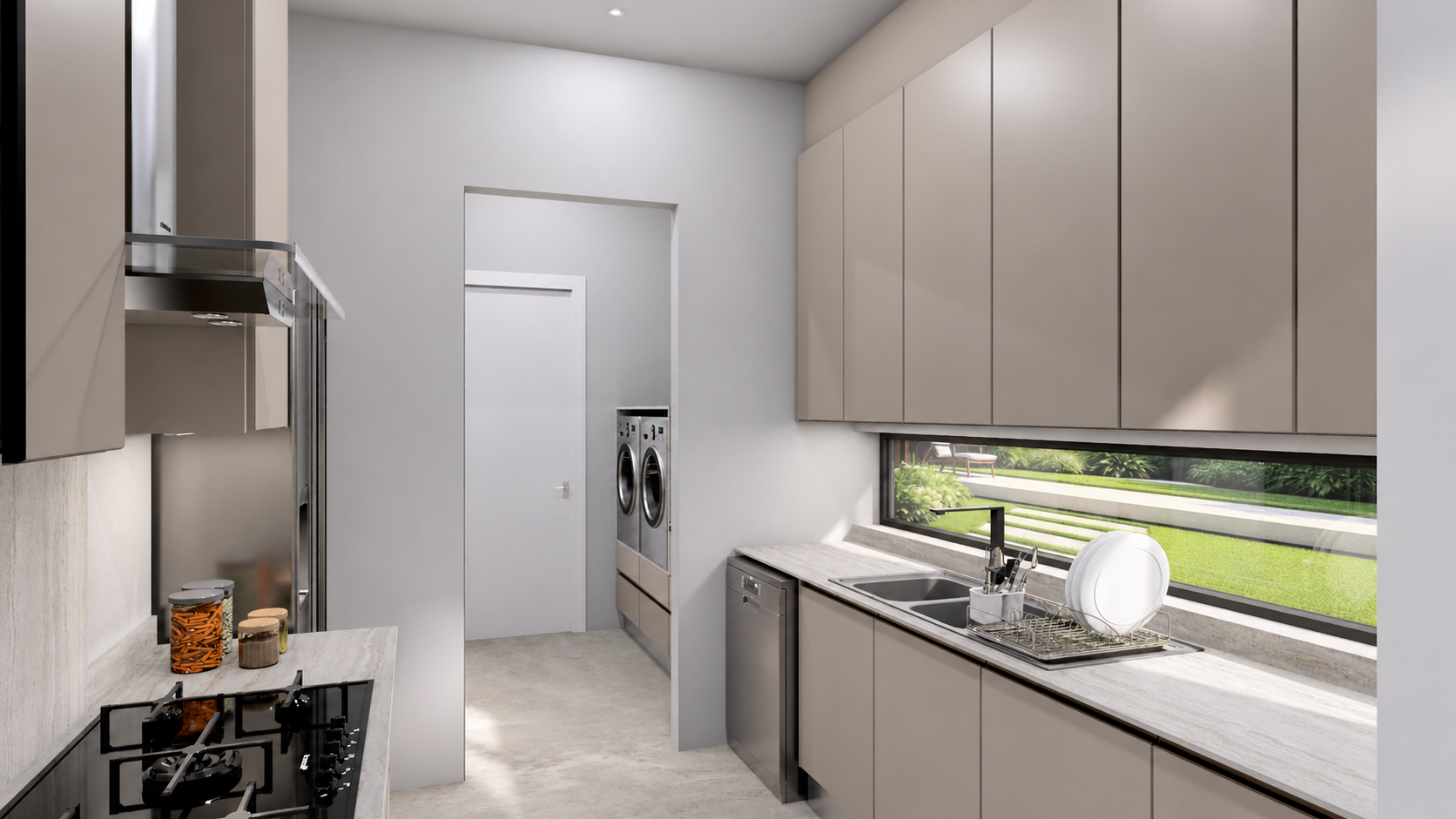 House Varachia scullery render showing pale cabinetry, stone counters and the laundry beyond
