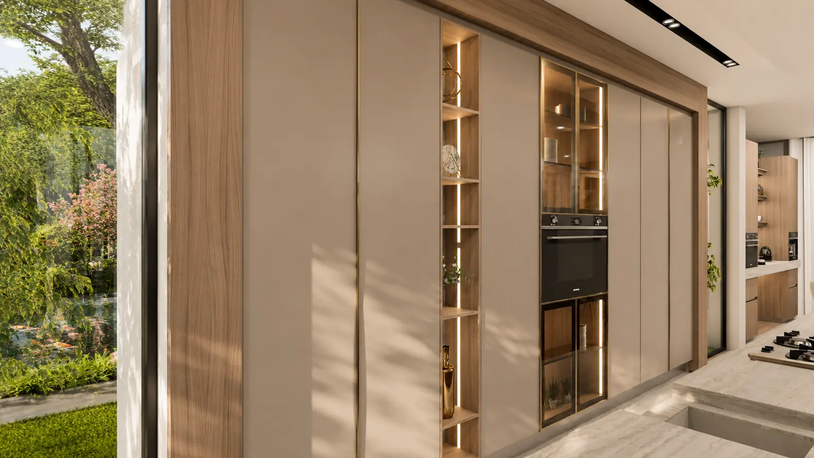 Tall run — lit niches and glazed display units