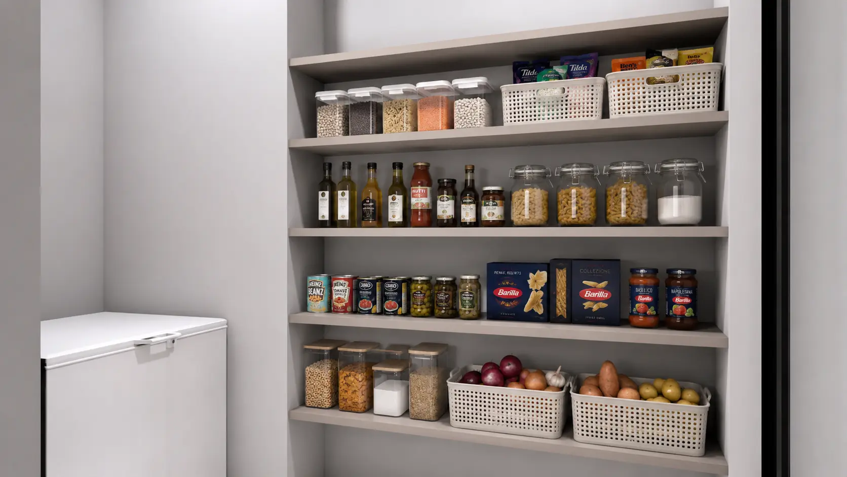 House Varachia pantry render showing open shelving stocked with containers and baskets