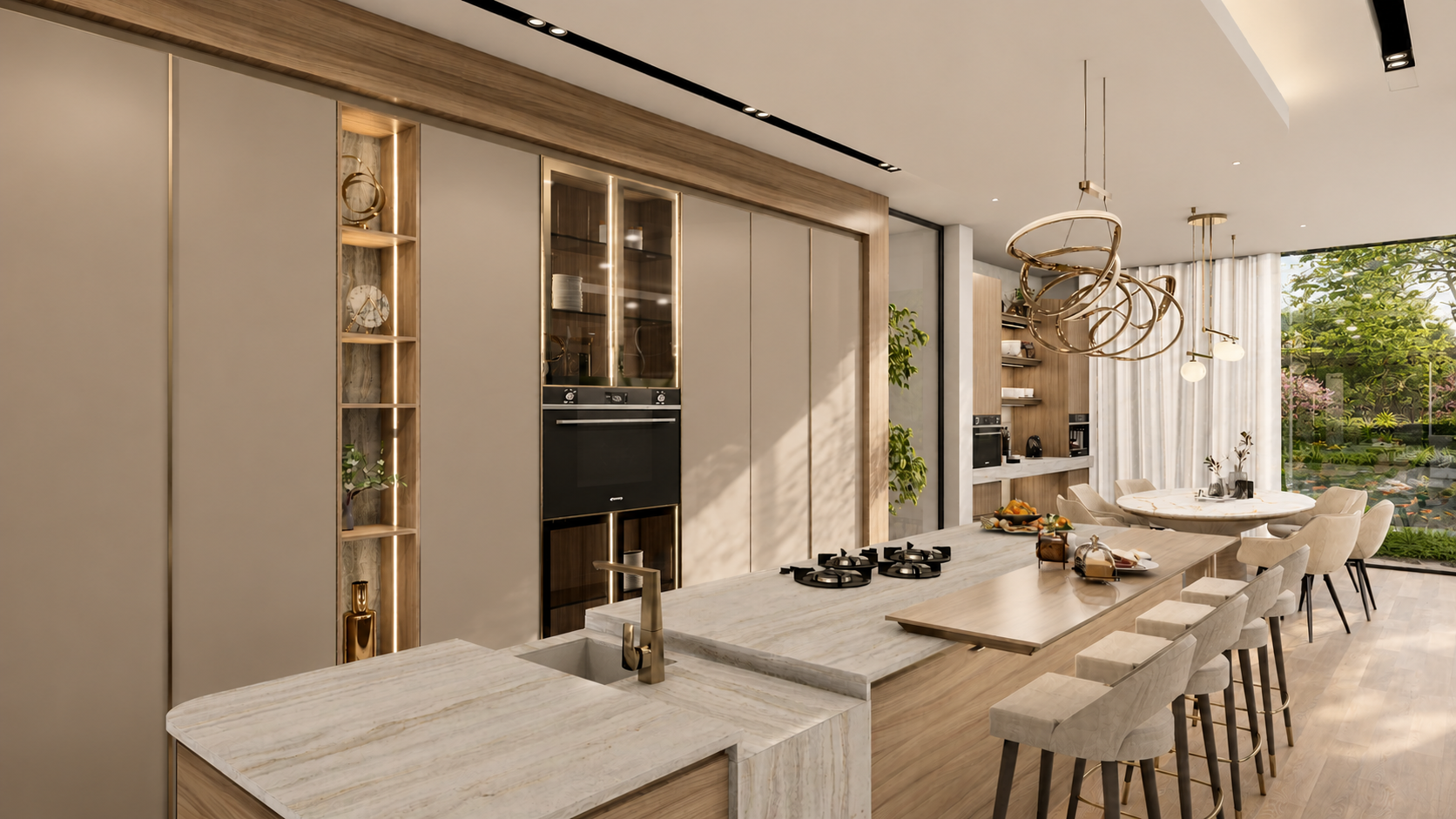 Kitchen — full run of tall units alongside the island and dining