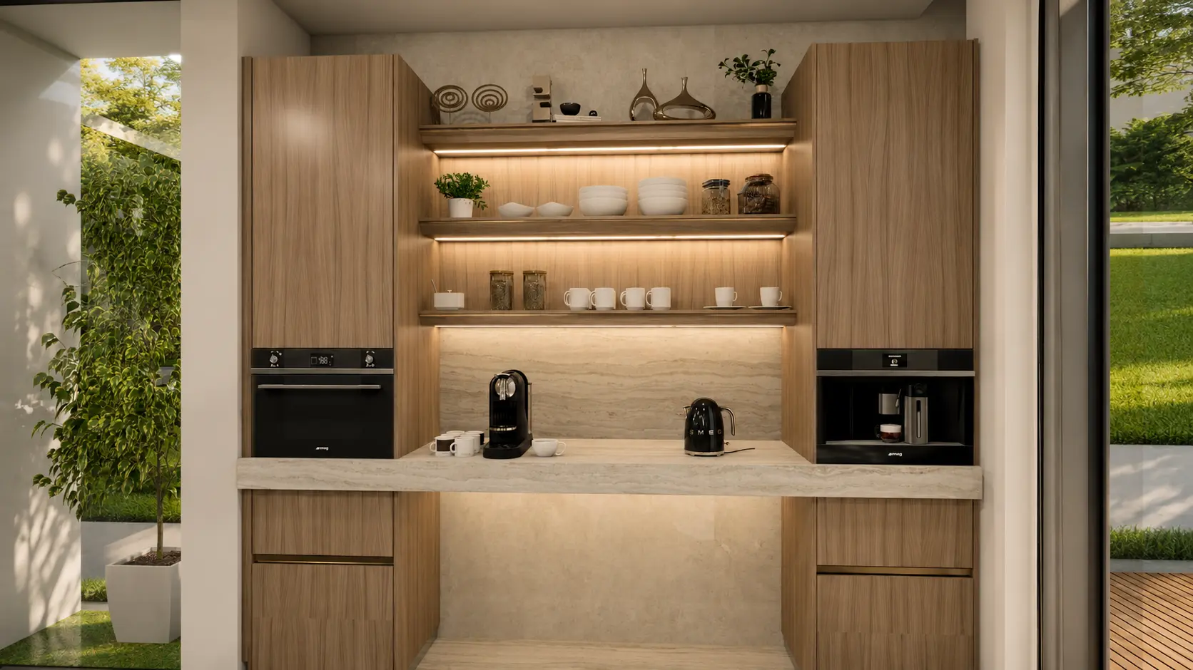Coffee station — lit shelving with oven and coffee machine