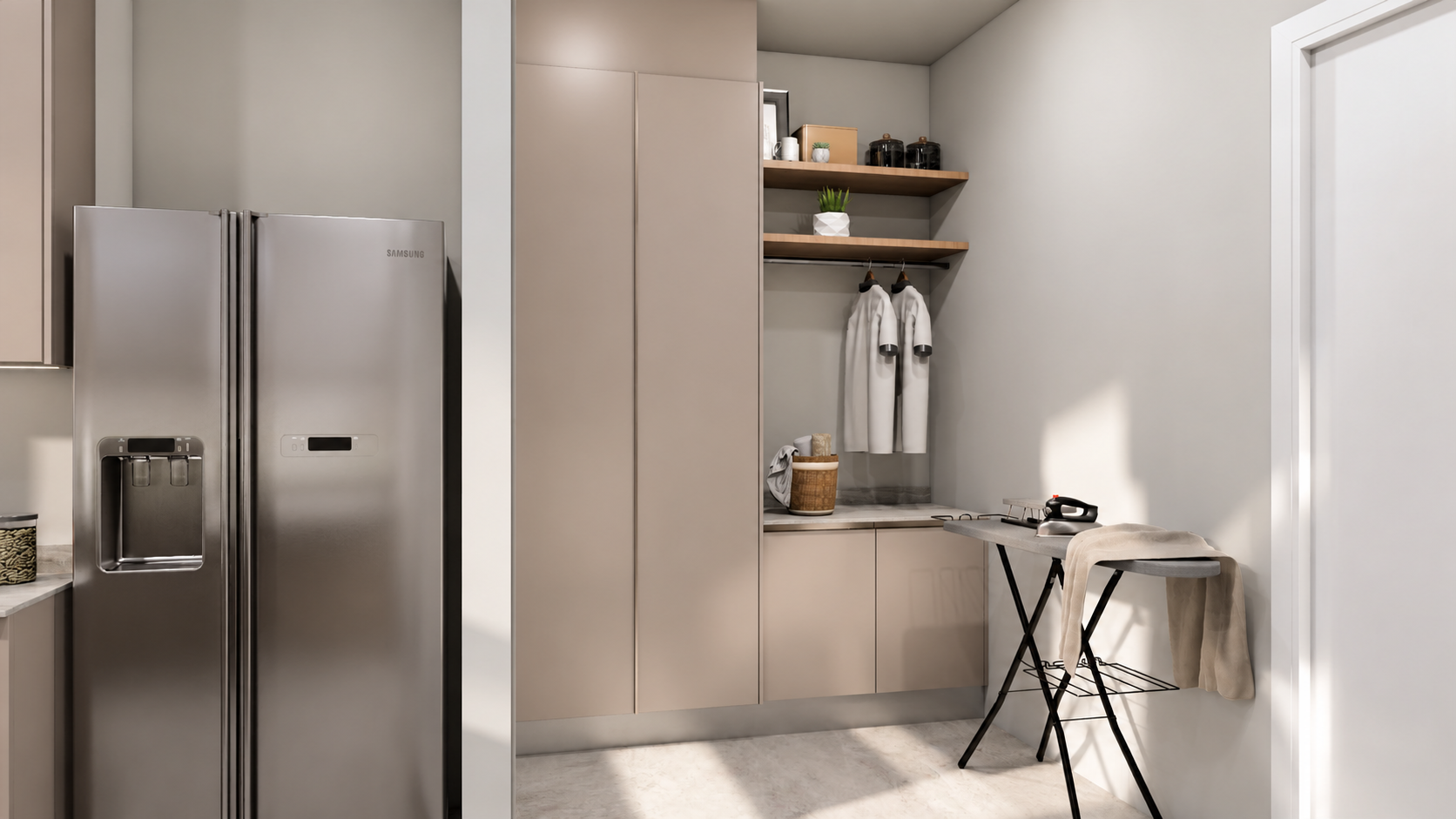 Laundry — hanging space, shelving and fridge recess
