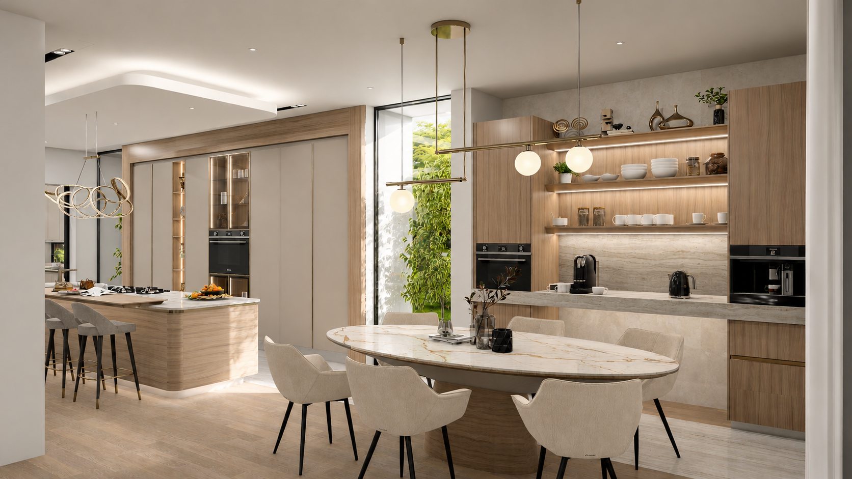 Dining — oval table with the coffee station beyond