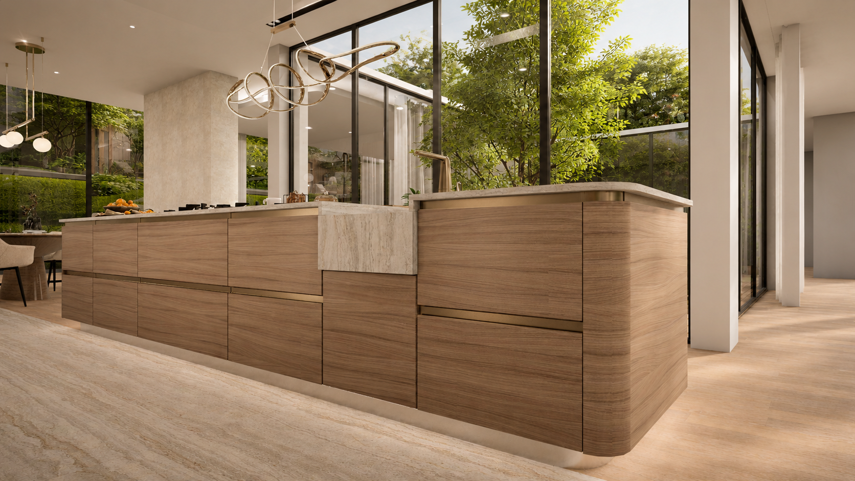 Island — timber panelling with stone top and brass detailing