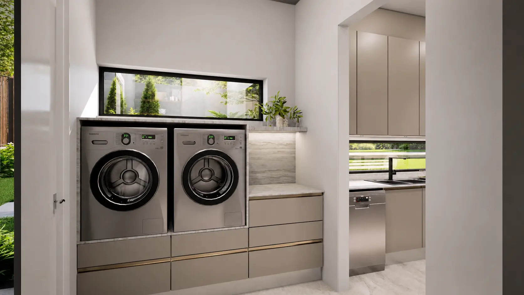 Laundry — washer and dryer bank with ribbon window