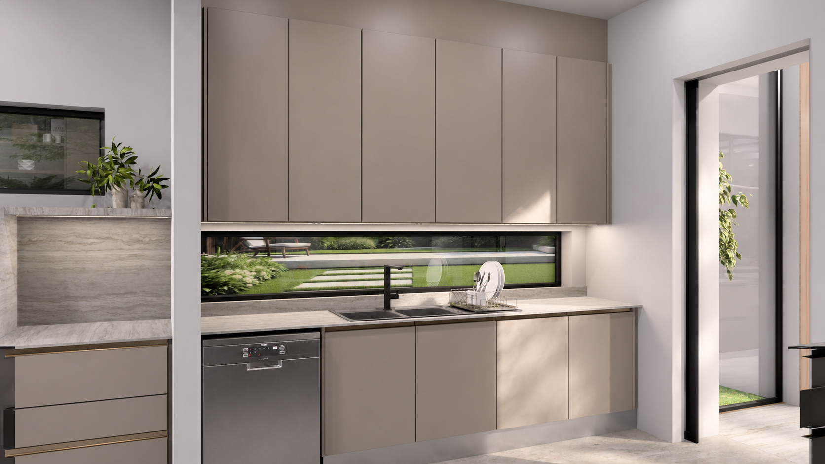 Scullery — sink run below the ribbon window