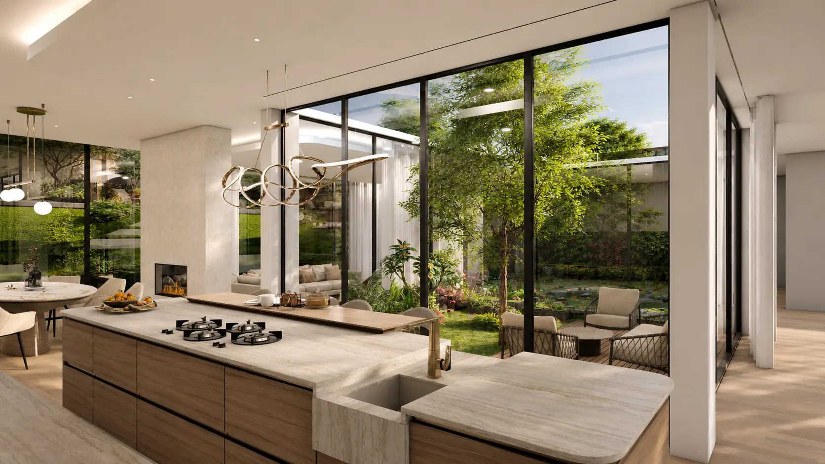 Kitchen — worktop, hob and sink looking to the courtyard